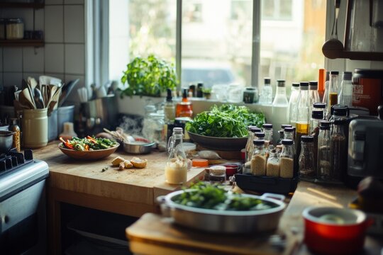 Bright kitchen filled with fresh ingredients. A cozy cooking space with vibrant greens and various jars. Perfect for healthy recipes and meal prep. Generative AI