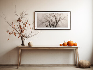 Scandinavian scandi modern minimalist cozy hallway interior with fall and halloween decor. Halloween and fall style entryway