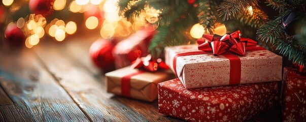 Close-up of wrapped Christmas gifts with red ribbons under a beautifully decorated tree, capturing the essence of holiday warmth and joy in a cozy home setting.