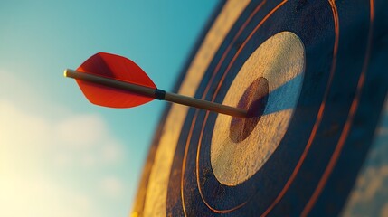 Red arrow hitting the bullseye on a target, precision, success, and achieving goals in business