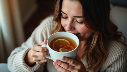 Woman enjoying a cup of lemon tea – ideal for health blogs, articles on self-care, or promoting cozy winter moments and wellness routines.


