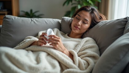 Woman resting on a couch with a tissue, wrapped in a cozy blanket – ideal for articles or blogs about relaxation, self-care, or tips for recovering from a cold or flu.


