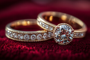 Elegant wedding rings with sparkling diamonds on a rich red background, symbolizing love and commitment.