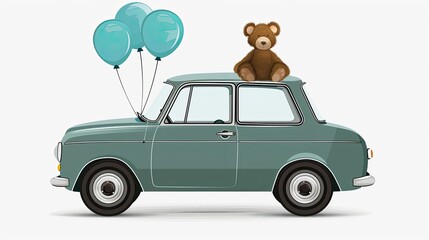 Cute teddy bear driving a car with blue balloons