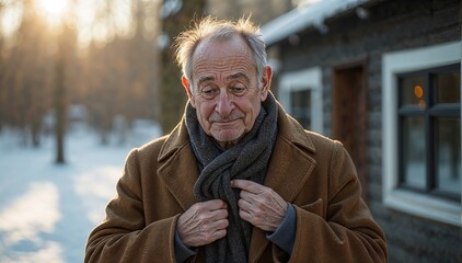 Elderly man looking confused while adjusting his scarf outside a snowy cabin

