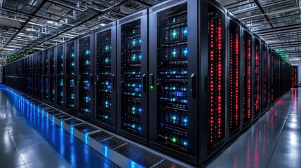 Servers and cloud infrastructure in a data center, showcasing the backbone of modern digitalization and cloud computing systems
