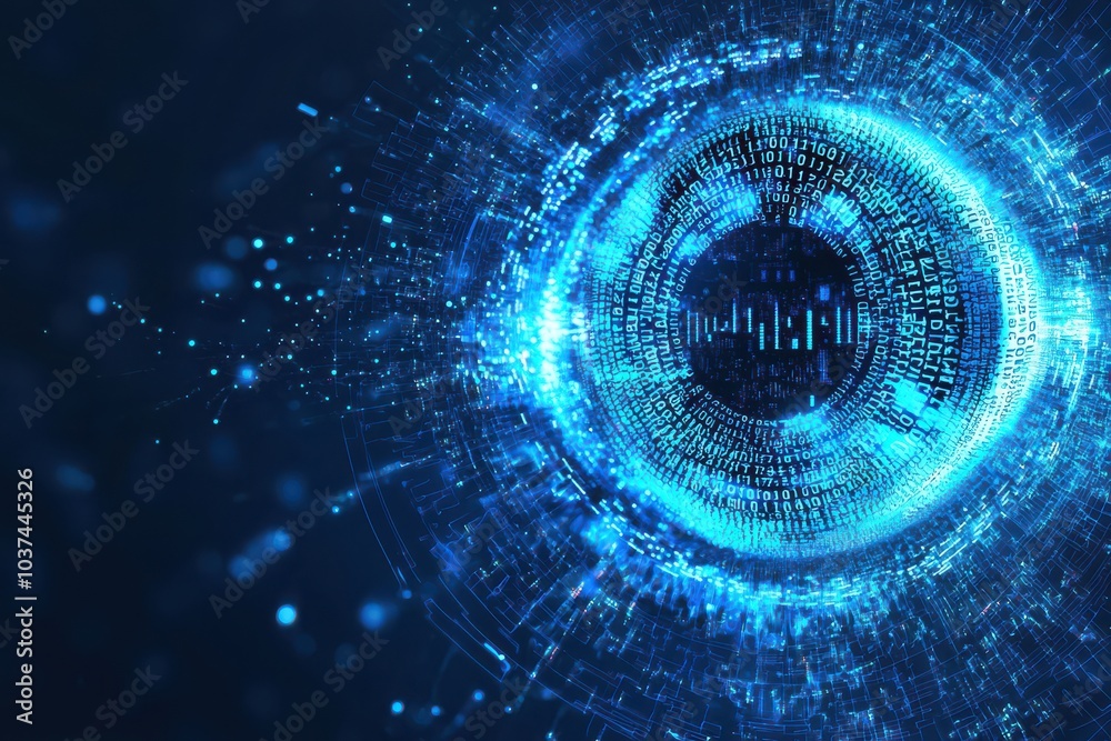 Poster digital eye with binary code in the center, representing technology, data security, and artificial i