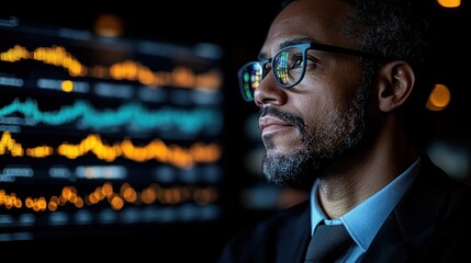 In a modern office setting at night, a focused professional studies financial data on multiple screens, surrounded by illuminated graphs and charts reflecting his diligent work