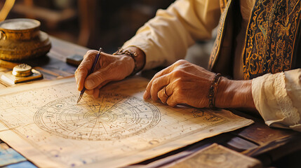 Hands crafting an astrological chart in vintage setting