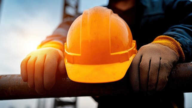 A construction worker leans on a metal railing, with an orange hard hat positioned nearby, against the backdrop of a vibrant sunset at a building site