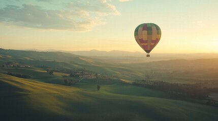 Obraz premium Vibrant Hot Air Balloon Over Rolling Green Hills