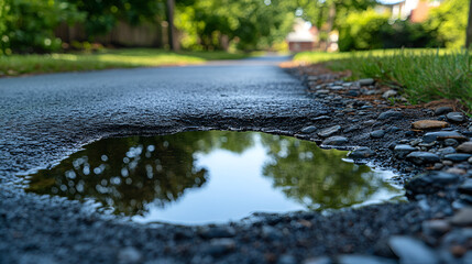 Fototapeta premium A tranquil puddle reflecting trees along a quiet suburban road on a sunny afternoon