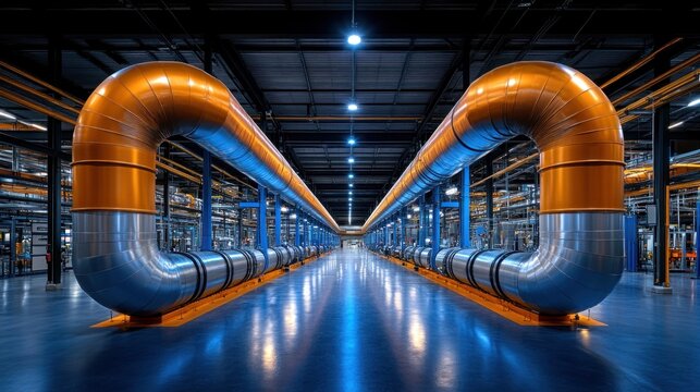 Long corridors in a manufacturing plant showcase metallic piping in orange and silver, running parallel under bright overhead lights, highlighting the facility's industrial efficiency