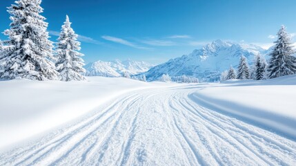 A serene path covered in fresh snow leads through tall evergreen trees and majestic mountains, creating a picturesque winter landscape under a vibrant blue sky
