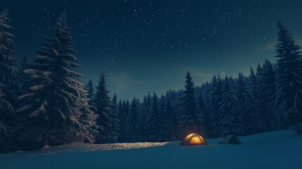 Starry winter night camping with glowing tent in snowy forest