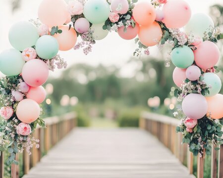 Colorful balloon archway decoration over wooden bridge in a blurred garden setting.