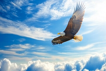 Obraz premium A powerful eagle flying through a bright blue sky with dynamic, billowing clouds below. Sharp focus on the eagle’s wingspan and feathers in motion, symbolizing freedom