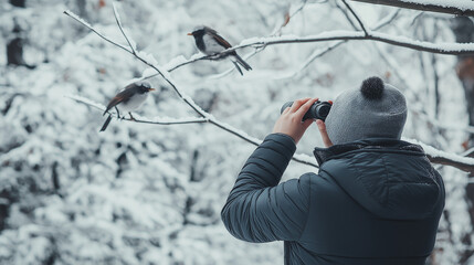 Man birdwatching in snow-covered forest with binoculars