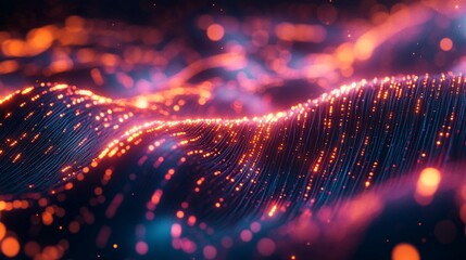 Abstract digital landscape with pink and blue lights, neon circuits, and holographic AI nodes pulsing with energy.