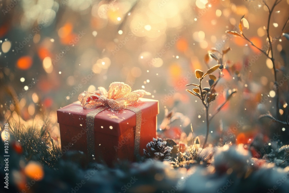 Canvas Prints A Red Gift Box with a Golden Bow in a Snowy Forest