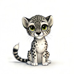 Cute snow leopard cub illustration sitting adorably with big eyes on a soft white background