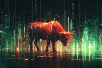 Abstract digital bull with glowing data patterns representing financial growth and technological advancement.