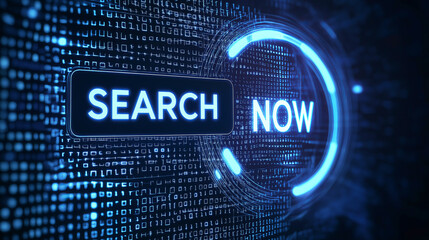 Futuristic digital search interface with SEARCH NOW text glowing blue elements