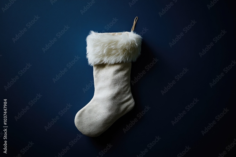 Wall mural White Christmas Stocking with Faux Fur Cuff Hanging Against a Dark Blue Wall