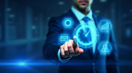Businessman touching digital management icons