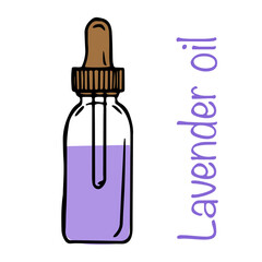 bottle of lavender essential oil Vector hand drawn on white background. for aromatherapy, poster, cookbook, cosmetics package, postcard, medical poster