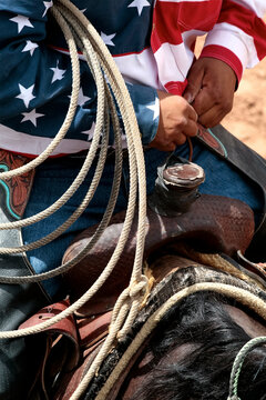 Gallup, New Mexico, United States. Annual Gallup Intertribal Ceremonies. Indian cowboys on the Navajo pro circut.