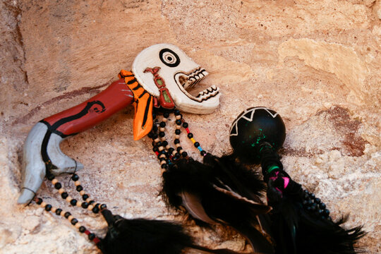 Pozos, Mexico. Aztec ceremonial object featuring skull figure. 