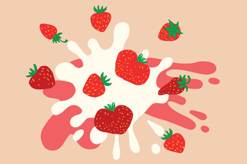 Strawberry flavour. white milk splash surrounded by red berries for recipe, menu, culinary blog, package design.