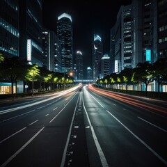 Fototapeta premium A long exposure shot of a city street at night with traffic streaks and tall buildings in the background.