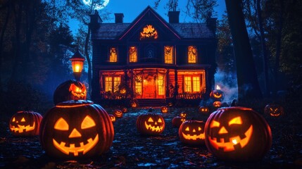 Haunted House with Jack-o-Lanterns