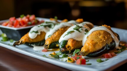 A mouthwatering platter of Mexican chiles rellenos, roasted poblano peppers stuffed with cheese, dipped in egg batter