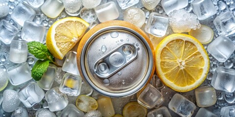 Lemon soda, top view of tin can, ice around