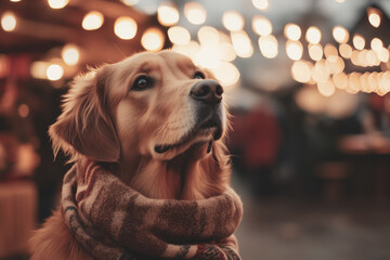 Golden Retriever dog at a Christmas Market, cozy Christmas evening, bokeh light background