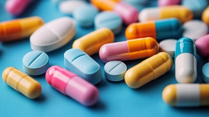 A vibrant collection of various antibiotic pills and tablets on a soft blue background, showcasing a colorful pharmaceutical scene.