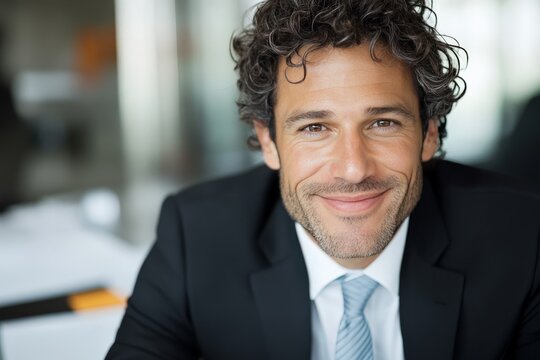 A confident businessman with a friendly smile dressed in a formal suit, showcasing charisma and positive energy, suggesting business success and professionalism.