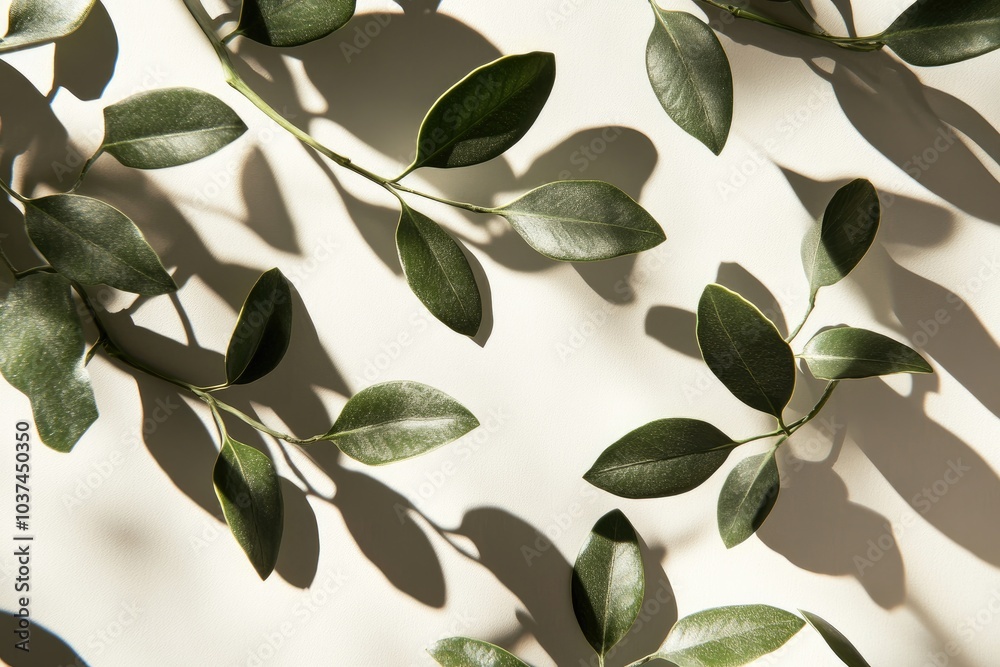 Wall mural Green Leaves and Shadows on a White Background