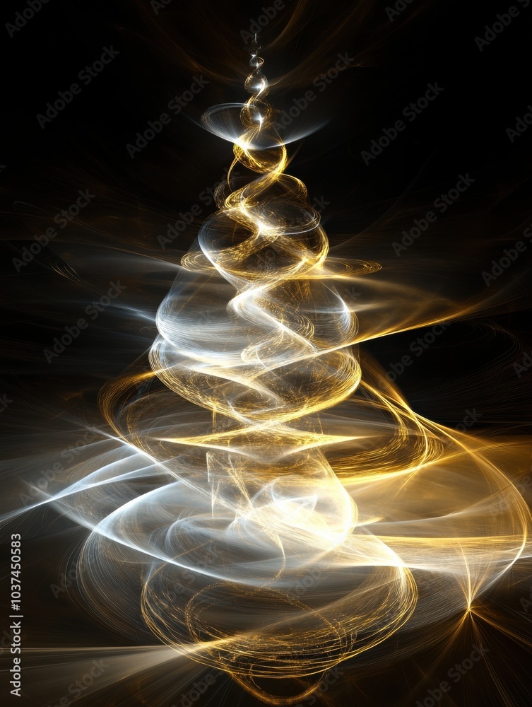Poster a mesmerizing abstract representation of a christmas tree shines with golden and white spirals of li