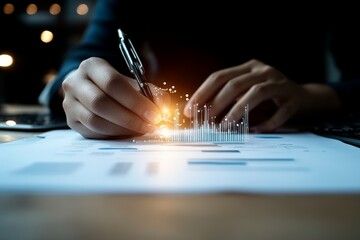 Close-up shot of hands writing on a document with a digital data visualization overlay conveying analysis, precision, and innovative insights in business documentation.