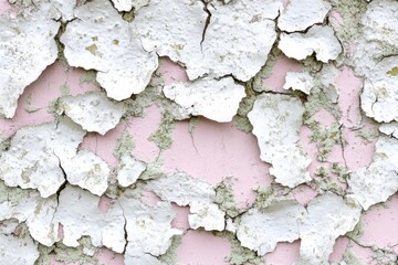 Obraz premium ひび割れた白いペイントの壁の背景、ピンクの下地が見える様子が特徴的