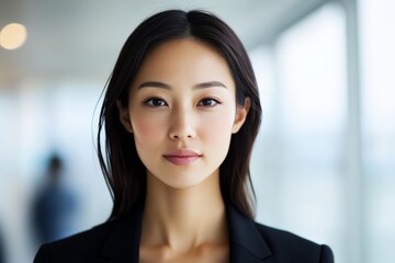 A professional woman in a business setting, confidently looking at the camera. Embodies sophistication, focus, determination, and the essence of corporate leadership.