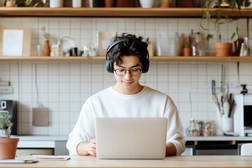 A young man diligently using a laptop in a well-lit kitchen space, wearing headphones indicating deep concentration, and a serene, focused demeanor, reflecting productivity.