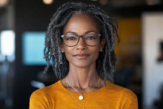 A mature woman wearing glasses and a mustard-colored top smiles softly in an elegant setting, expressing confidence and wisdom, captured in a moment of grace.