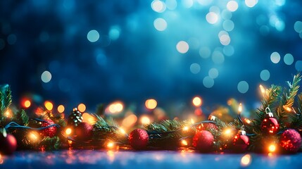 Christmas Lights and Ornaments on a Blue Background