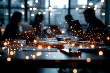 A dimly lit office setting with laptops and people at work, featuring a digital network overlay effect suggesting technology and connectivity.