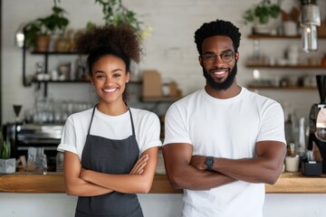 Fototapeta premium Two smiling cafe workers, a man and a woman, stand confidently with crossed arms behind a wooden counter in a cozy, ambient coffee shop setting.